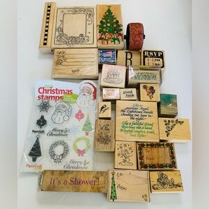 Lot of 24 Wooden Rubber Stamps Small Jumbo Christmas Birthday RSVP Animal